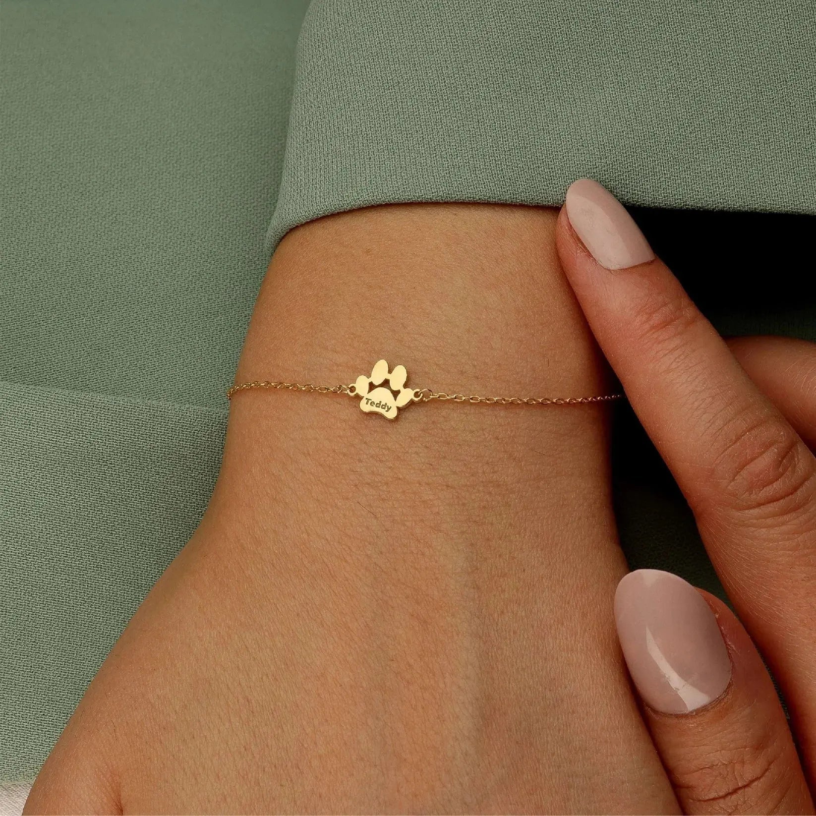 Rose gold paw and pet name bracelet — Mother's Day gift for dog mom or cat mom