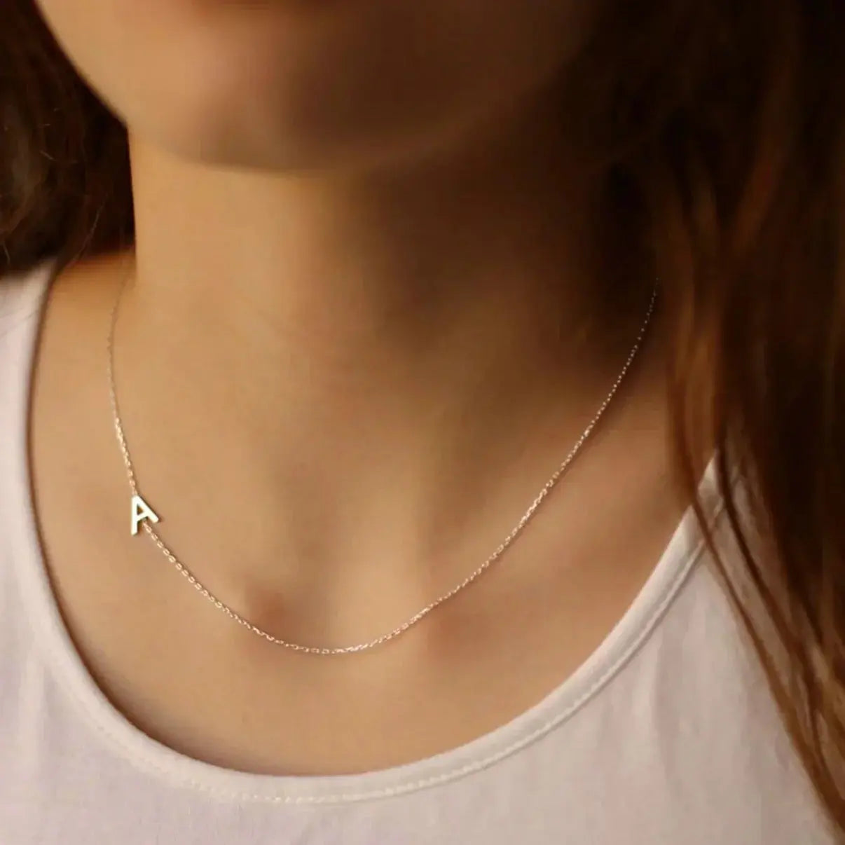 Sterling silver sideways initial necklace — dainty waterproof jewelry for daily wear