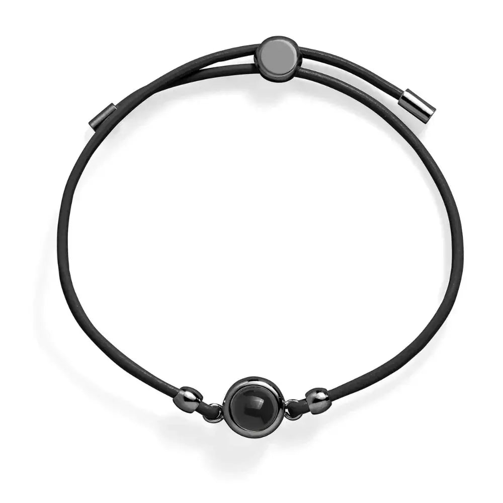 Custom leather photo bracelet in black with black clasp — unisex sentimental keepsake gift