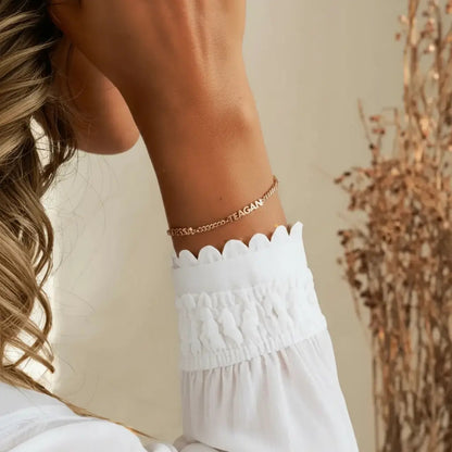 Name bracelet in silver with engraving close-up — Mother's Day or birthday personalized gift