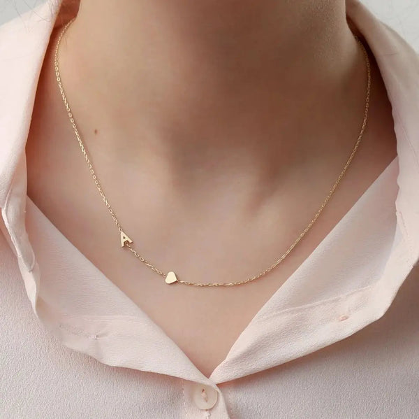 Custom sideways initial necklace in gold-plated stainless steel — minimalist monogram jewelry