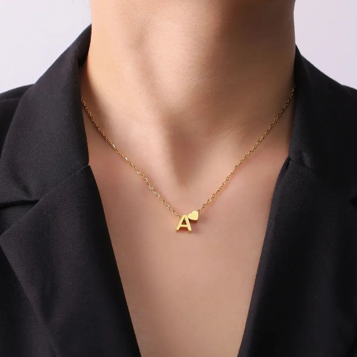 Dainty heart initial necklace in stainless steel — minimalist romantic personalized jewelry
