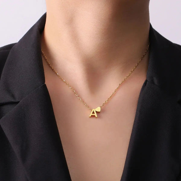 Dainty heart initial necklace in stainless steel — minimalist romantic personalized jewelry