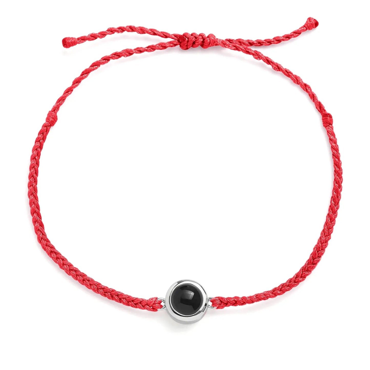 Personalized photo bracelet in red leather with silver clasp — bold romantic keepsake