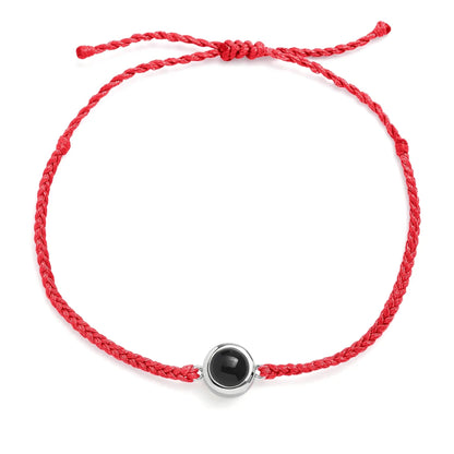 Personalized photo bracelet in red leather with silver clasp — bold romantic keepsake