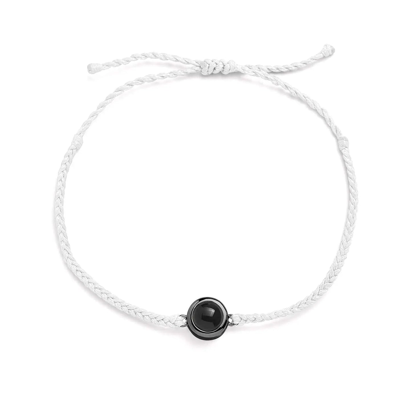 Personalized photo bracelet in white leather with black clasp — minimalist daily wear