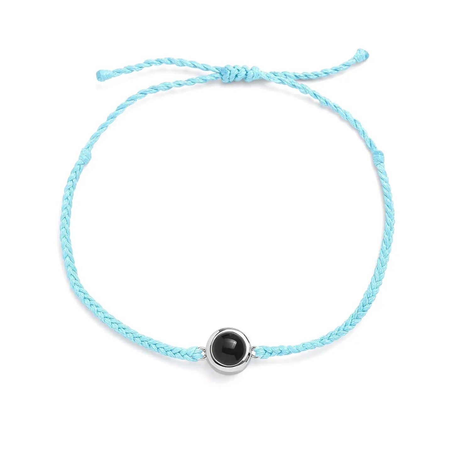 Personalized photo bracelet in turquoise leather with silver clasp — colorful summer keepsake