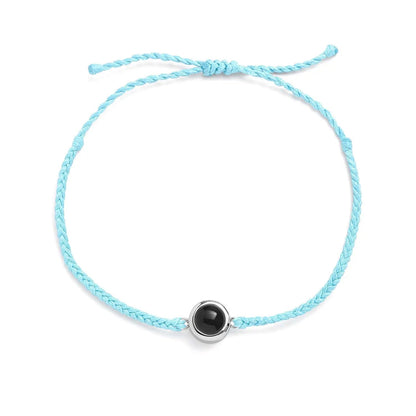 Personalized photo bracelet in turquoise leather with silver clasp — colorful summer keepsake