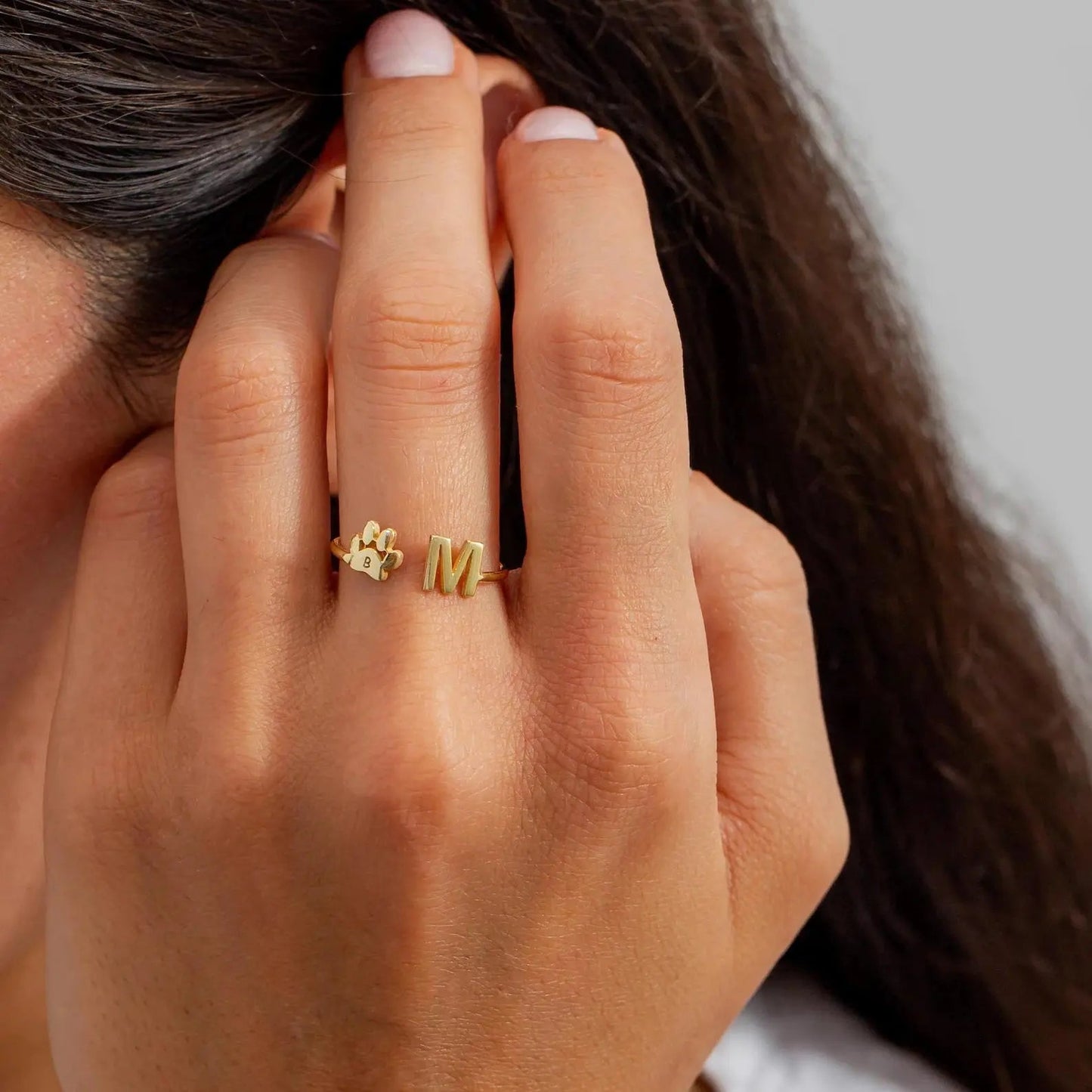 Custom pet initial ring with two paws engraved — handmade waterproof minimalist ring