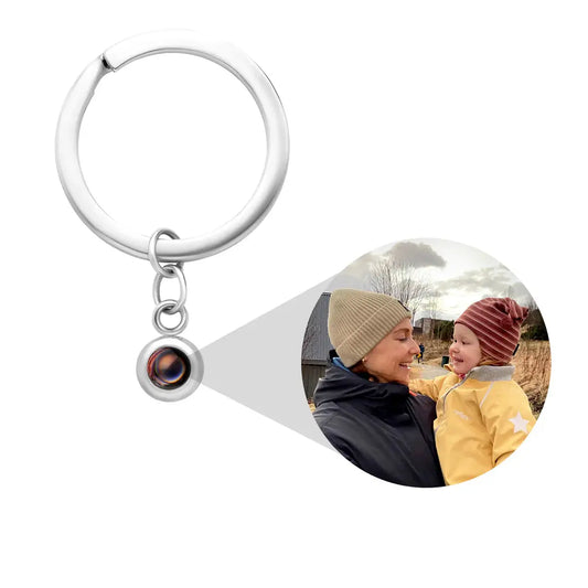 Custom photo projection keychain in silver — sentimental keepsake gift with hidden picture
