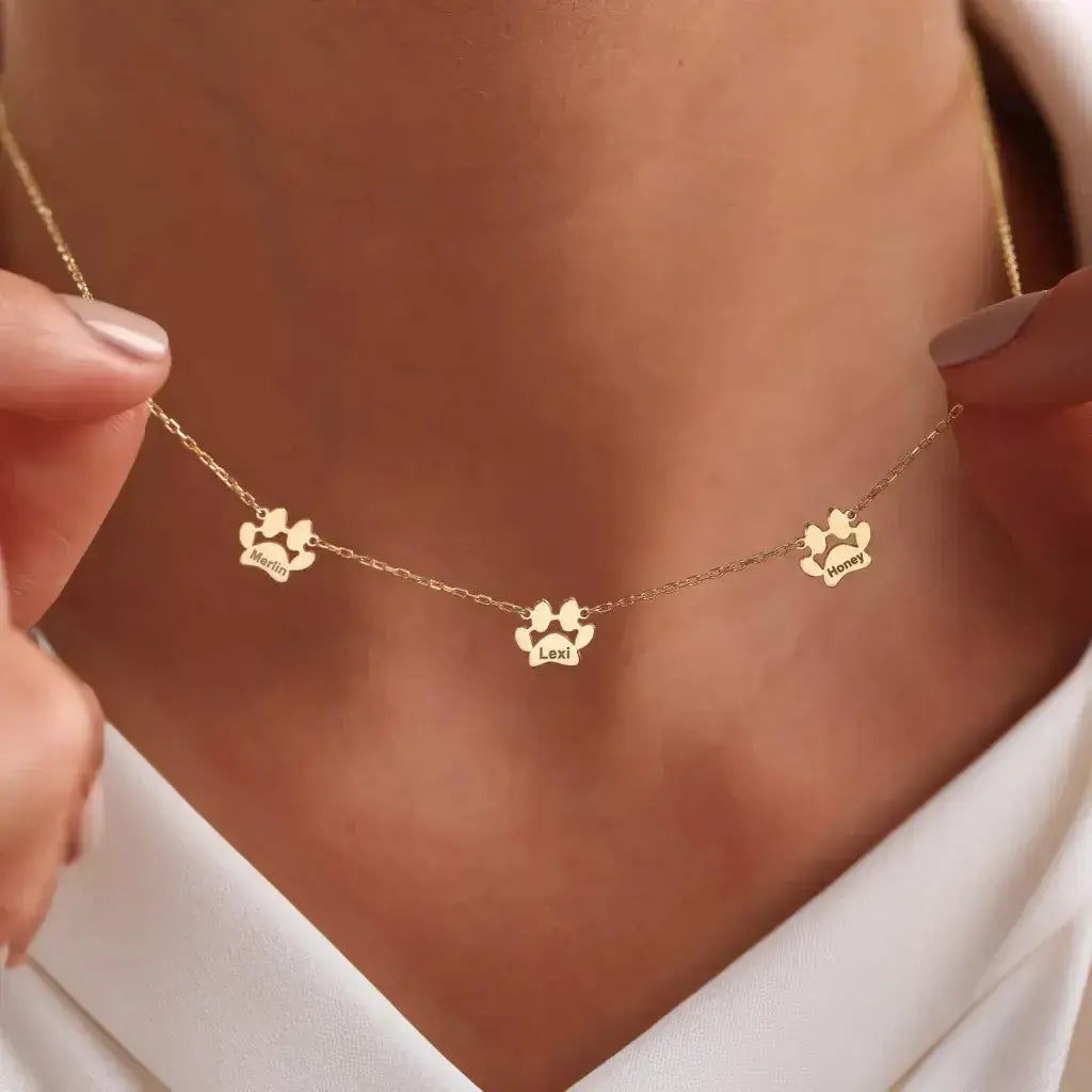 Multi-pet paw necklace in silver with separate engraved charms — personalized family keepsake