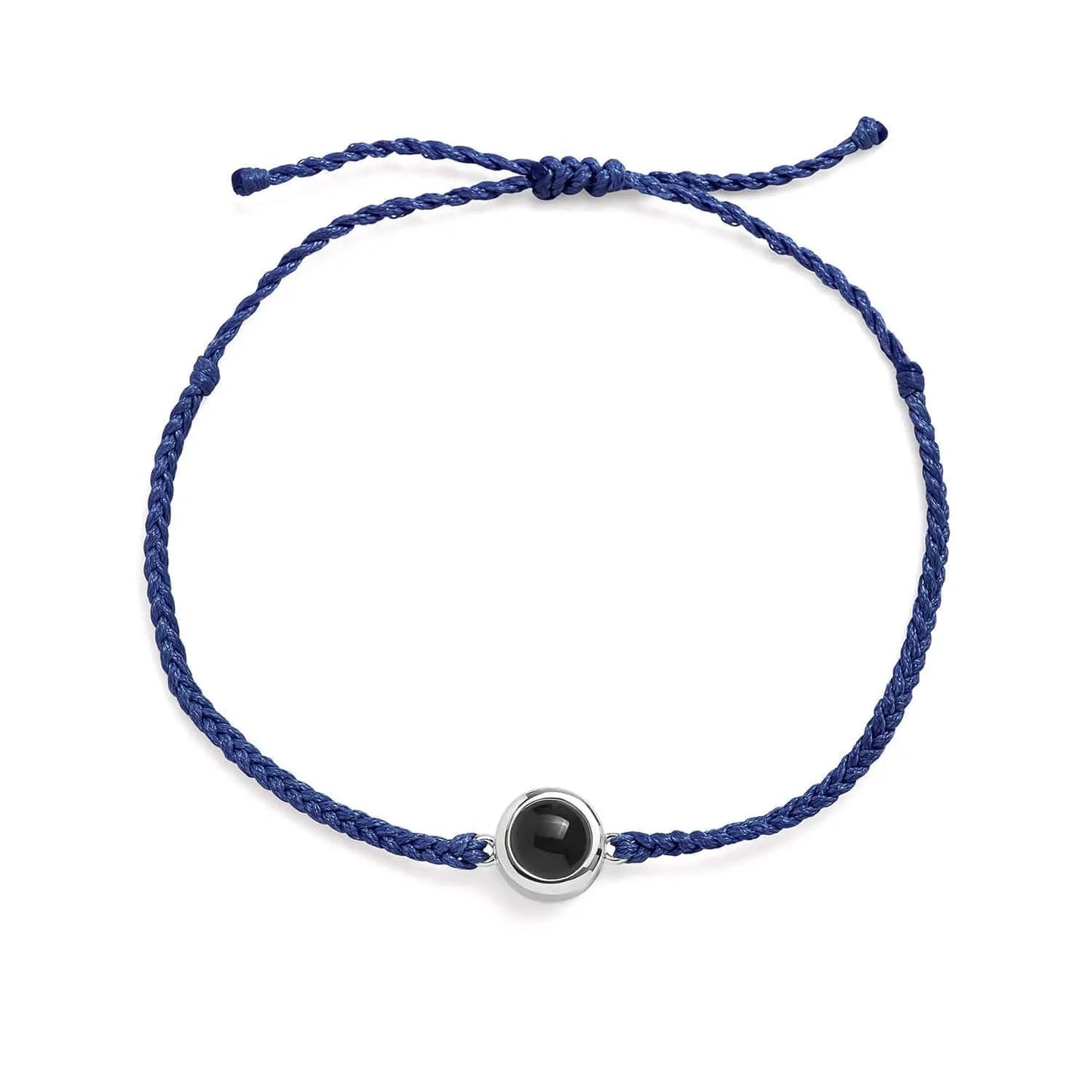 Personalized photo bracelet in navy blue leather with silver clasp — classic gift for him