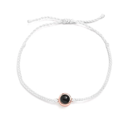Personalized photo bracelet in white leather with rose gold clasp — romantic anniversary gift