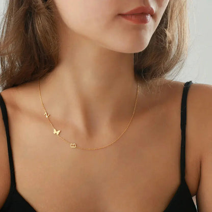 Sideways initial pendant detail — handmade stainless steel hypoallergenic and tarnish-resistant